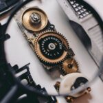 Intricate gears of a camera mechanism magnified, showcasing mechanical precision.